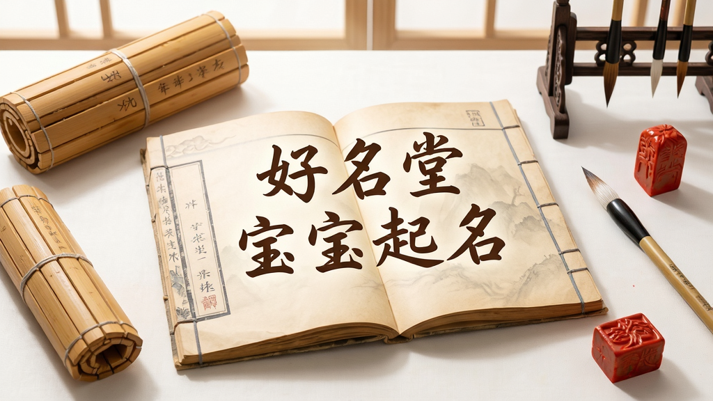 一张温馨明亮的室内场景图,主体是一本翻开的古朴线装书,书页上仿佛浮现出“好名堂宝宝起名”几个艺术字,周围环绕着竹简、毛笔、朱砂印章等传统元素,布局居中,排版疏朗,采用新中式风格,细节精致,画质高清干净,无多余元素