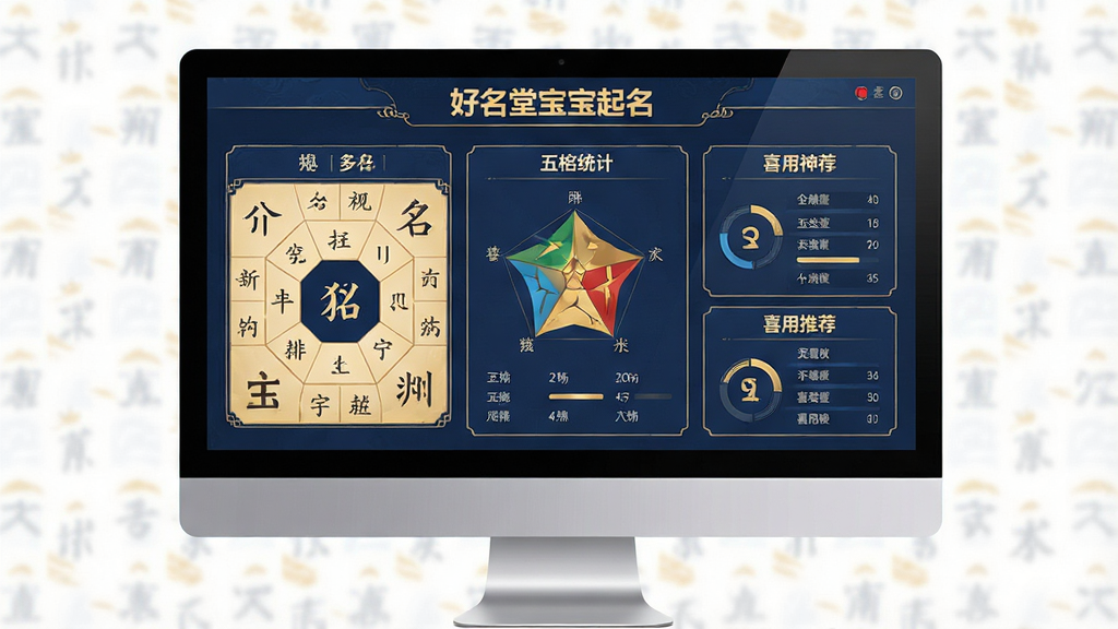 一张科技感与古风融合的界面设计图,主体是电脑屏幕上的“好名堂宝宝起名”软件分析界面,界面中清晰显示着八字排盘、五行统计和喜用神推荐等板块,布局合理,排版整洁,采用深蓝色与金色搭配的UI风格,细节丰富,画质清晰干净,无多余元素