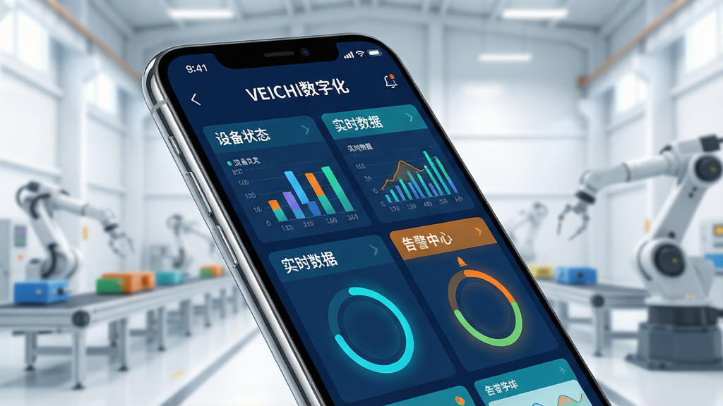 主体:一块现代化的智能手机屏幕占据画面中心,屏幕上清晰展示着“VEICHI数字化”APP的主界面,界面包含多个彩色数据图表和环形进度指示器。布局:手机略微倾斜,背景为干净明亮的工业厂房模糊轮廓,突显移动办公场景。排版:屏幕上的文字标签如“设备状态”、“实时数据”、“告警中心”清晰可读,界面布局紧凑有序。风格:科技感与现代扁平化设计结合,色彩以深蓝和青色为主,点缀橙色高亮。细节:手机边缘有细腻的高光反射,背景中隐约可见自动化产线和机械臂轮廓。画质:8K超高清渲染,光影自然,细节丰富,画面干净无多余元素。