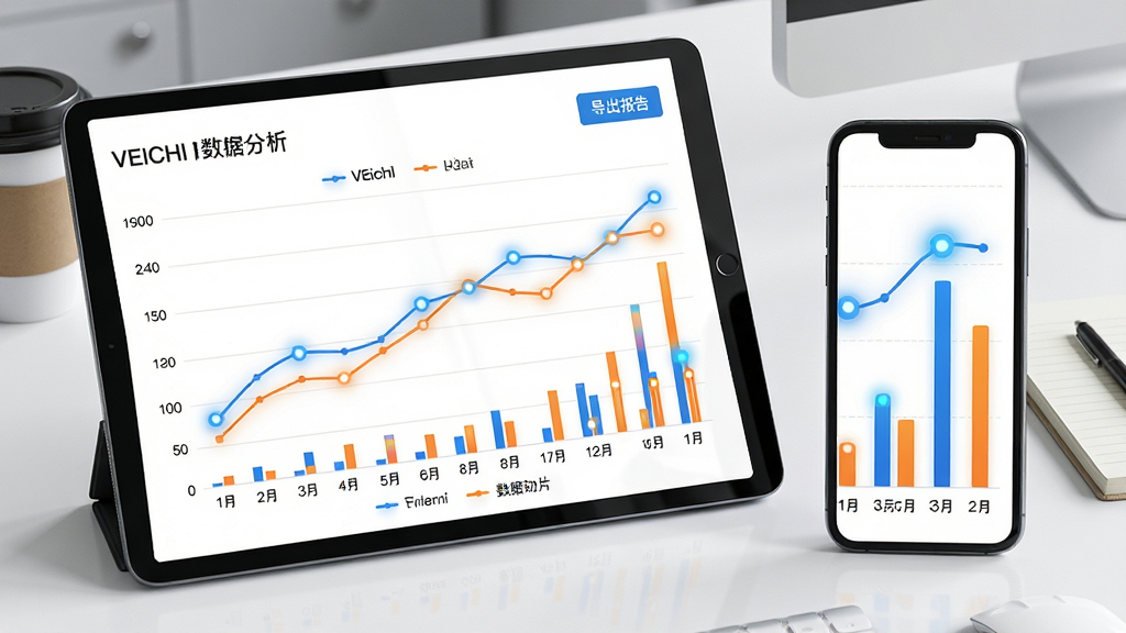 主体:平板电脑与手机并排展示VEICHI数字化APP的历史数据分析界面,屏幕上显示折线图与柱状图组合。布局:左侧平板显示整体趋势大图,右侧手机显示局部放大细节,背景为简洁的办公室桌面。排版:图表坐标轴标签清晰,图例使用不同颜色区分,右上角有“导出报告”按钮。风格:明亮简洁的商务风格,白色背景搭配蓝色和橙色线条,数据点带发光效果。细节:屏幕反光自然,桌面上有咖啡杯和笔记本道具。画质:高分辨率渲染,细节锐利,画面干净整洁。