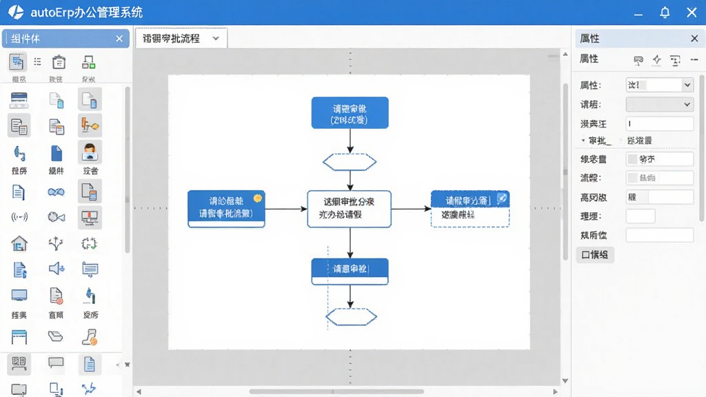 autoErp办公管理系统生成器可视化流程设计器界面,画布上展示请假审批流程图,左侧组件库,右侧属性设置,布局规整,界面清爽,扁平化设计,蓝白配色,画质清晰,无多余元素。