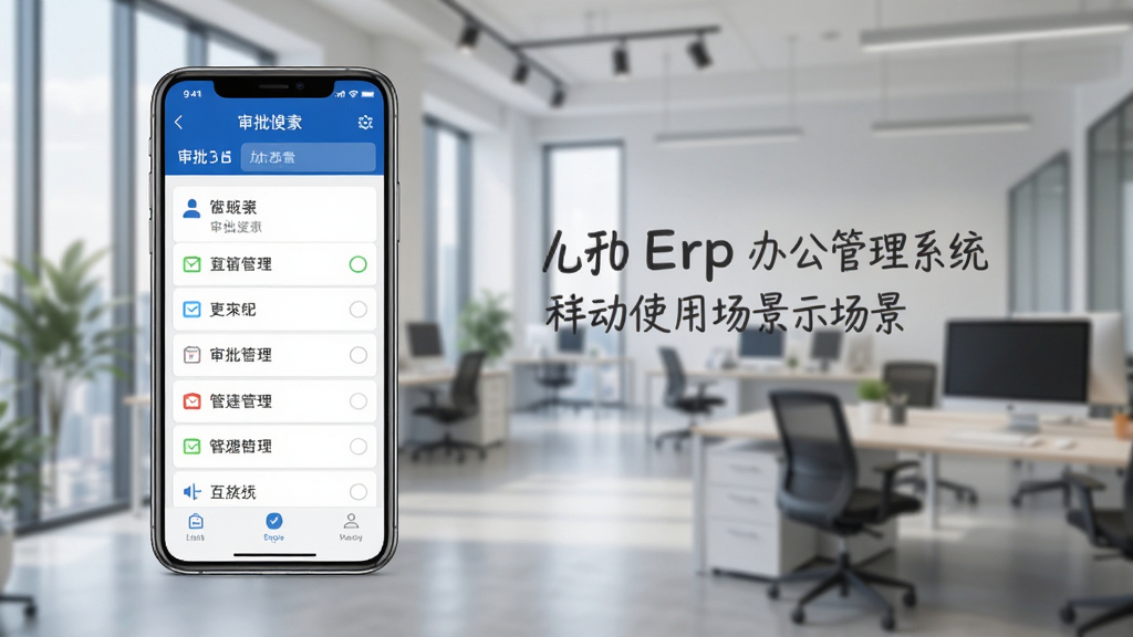 autoErp办公管理系统生成器移动端使用场景示意图,手机屏幕显示审批列表,背景为办公环境,构图清晰,现代商务风格,画质干净,无多余元素。