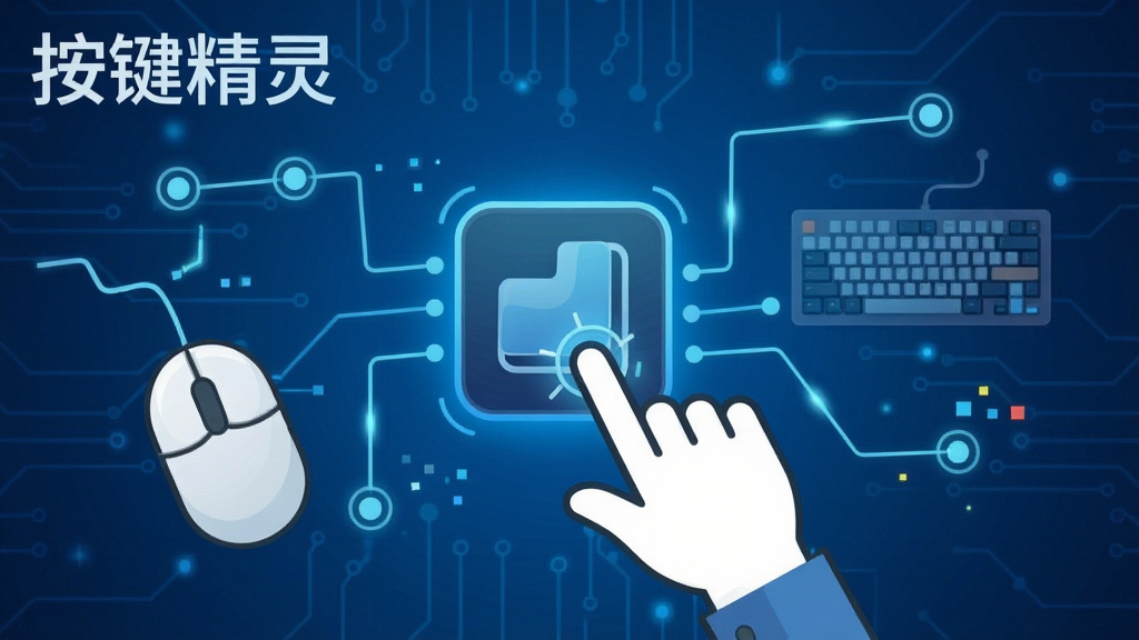 一张动态效果图,展示鼠标和键盘的图标被按键精灵的虚拟手点击,周围有代表自动化流程的线条和节点,背景为蓝色科技感风格,画质干净,无多余元素,文字标注“按键精灵”