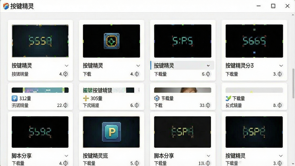 一张社区界面截图,展示按键精灵的脚本分享页面,有多个脚本卡片排列,每个卡片显示脚本名称和下载量,背景为白色,风格简洁,画质干净,无多余元素,文字标注“按键精灵”