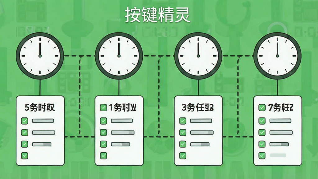 一张示意图,显示多个时钟和任务列表被串联起来,代表定时任务的自动化执行,背景为清新的绿色,风格简洁,画质干净,无多余元素,文字标注“按键精灵”