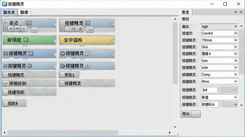 一张特写图片,显示按键精灵的脚本编辑界面,命令块排列整齐,右侧有详细的参数设置面板,背景为浅灰色,整体风格专业,画质干净,无多余元素,文字标注“按键精灵”