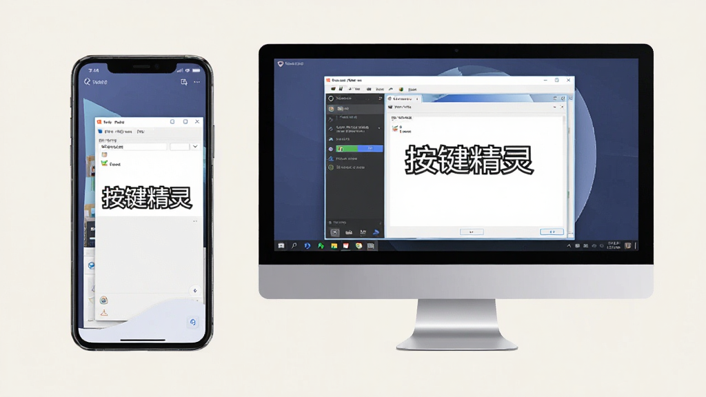 一张智能手机和电脑并排的图片,屏幕上都显示按键精灵的界面,背景为浅色,风格简洁,画质干净,无多余元素,文字标注“按键精灵”