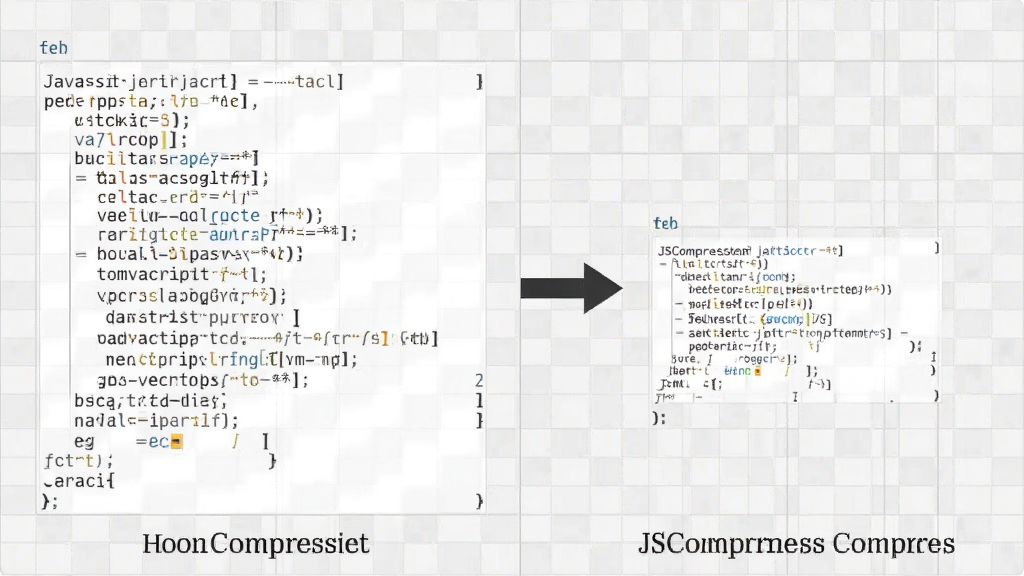 一张对比示意图,左侧为未压缩的JavaScript代码片段,右侧为经过JSCompress压缩后同样功能但明显更短小的代码片段,两者之间用箭头连接,背景为浅灰色网格,整体风格简洁明了,突出体积减小的效果,画质干净,无多余元素