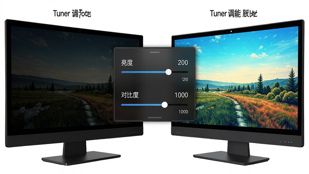 Display Tuner功能展示图,画面左侧是调节前的屏幕,色彩偏暗,右侧是调节后的屏幕,色彩明亮且对比分明,中间有一个控制面板,显示亮度与对比度的数值,风格写实,布局对比强烈,细节丰富,画质清晰,无多余元素