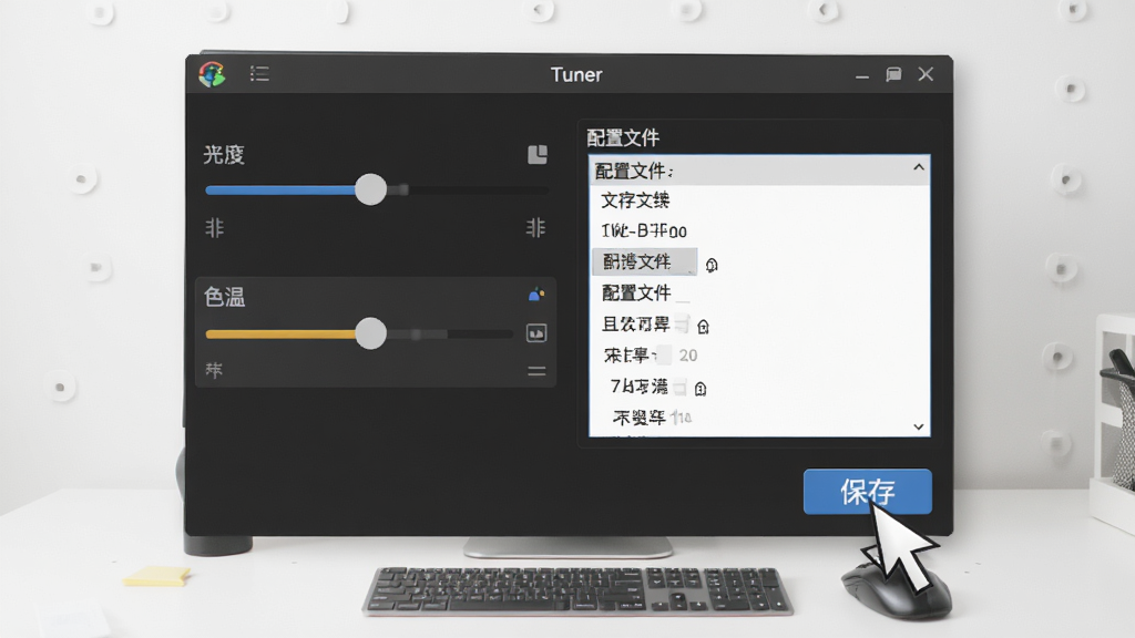 Display Tuner 使用教程截图,展示软件主界面,包括亮度滑块、色温调节、配置文件列表,鼠标正在点击“保存”按钮,背景为干净的桌面,风格简约,布局清晰,细节到位,画质高清,无多余元素
