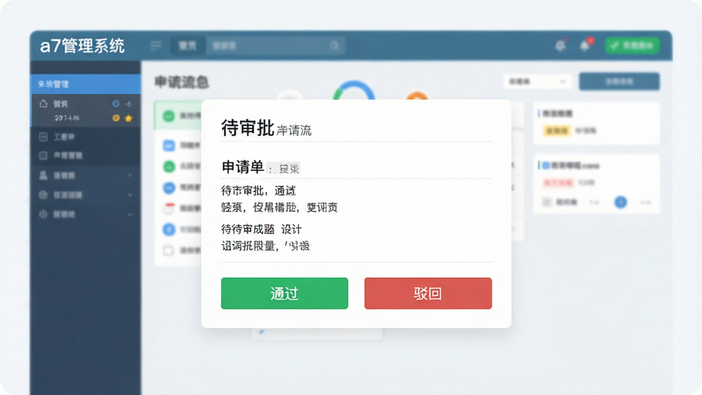 展示a7管理系统审批流程操作界面的图片,画面中显示一个待审批的申请单,有“通过”和“驳回”按钮,背景为系统工作台,风格扁平清新,文字显示“a7管理系统”,画质干净。