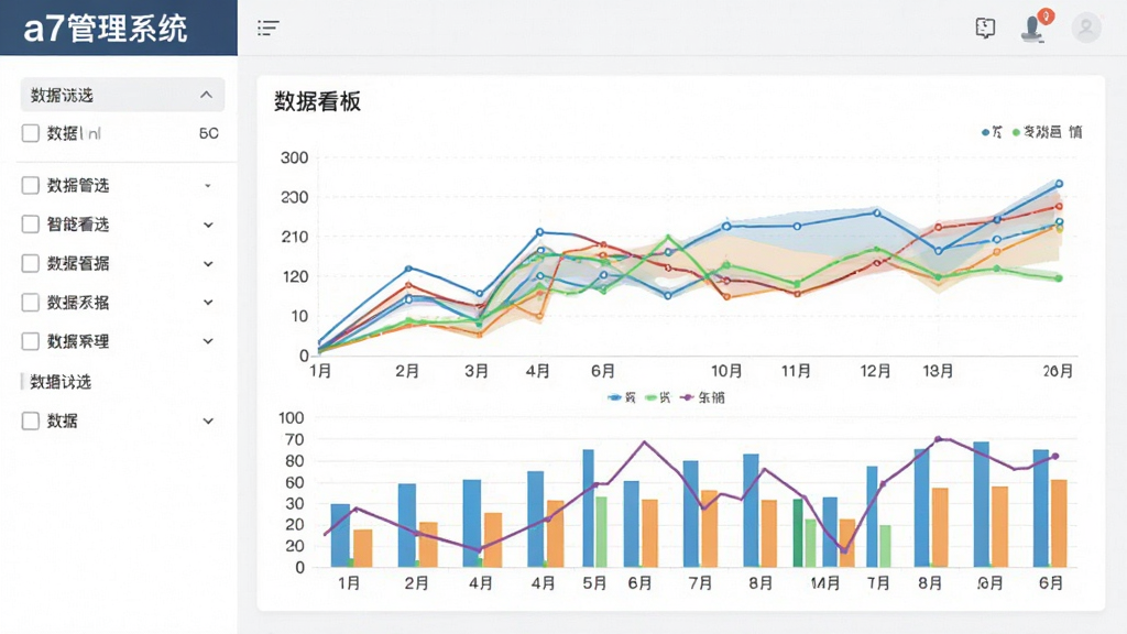 展示a7管理系统智能数据看板界面的图片,画面中央是彩色折线图和柱状图,左侧有数据筛选选项,整体布局扁平化,风格商务简约,文字显示“a7管理系统”,画质清晰干净。