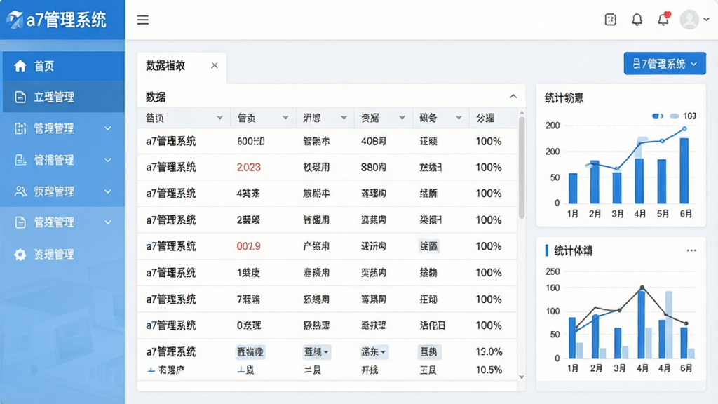 一张展示a7管理系统主界面的高清截图,界面包含左侧导航栏、中央数据表格和右侧统计图表,整体风格简洁现代,以蓝白为主色调,布局清晰,文字标签为“a7管理系统”,画面干净无多余元素,画质细腻。