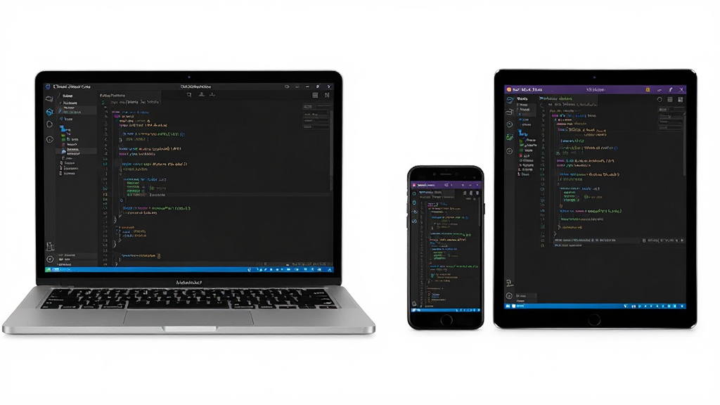 Visual Studio Code 在不同设备上使用的场景图,左侧为笔记本电脑,右侧为手机和平板,界面显示VS Code编辑器,风格现代,细节丰富,画质干净,无多余元素
