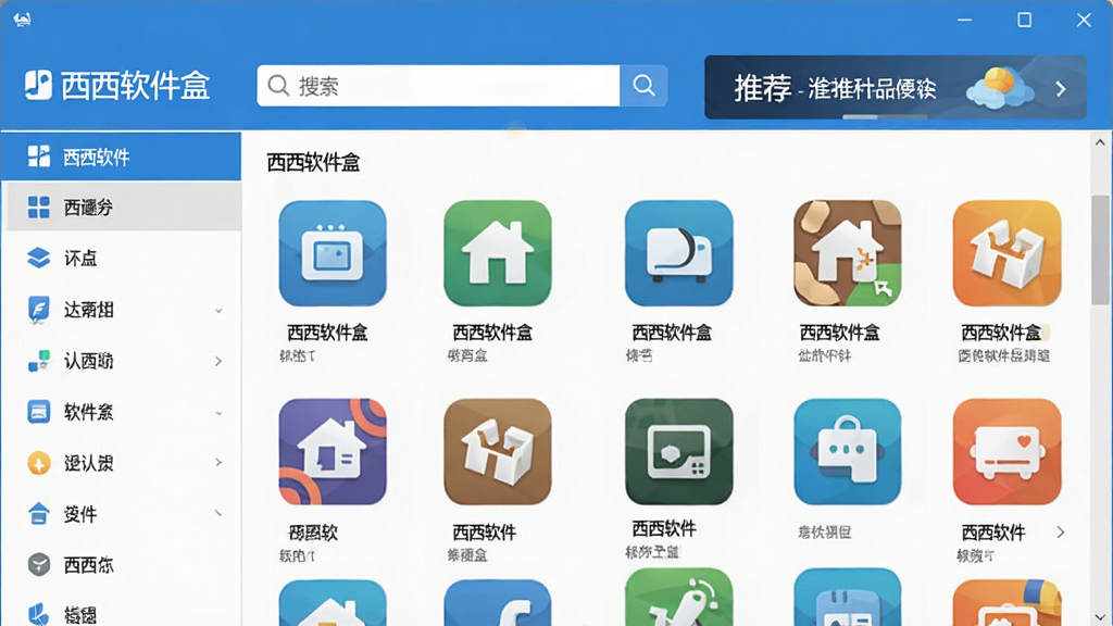 西西软件盒主界面展示,主体为简洁的应用商店风格窗口,左侧分类导航栏,右侧软件列表宫格布局,顶部搜索框和推荐Banner,整体配色蓝白相间,扁平化设计,画质清晰干净,无多余元素,界面文字标注“西西软件盒”