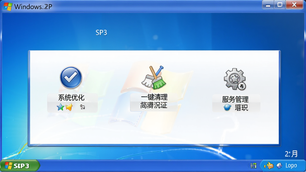 主体:Windows XP SP3 简易优化补丁主界面,蓝色渐变背景,白色窗口,窗口内显示“系统优化”、“一键清理”、“服务管理”等功能按钮,布局简洁,排版整齐,风格商务简洁,细节:界面图标清晰,文字标签明确,画质高清,干净无多余元素