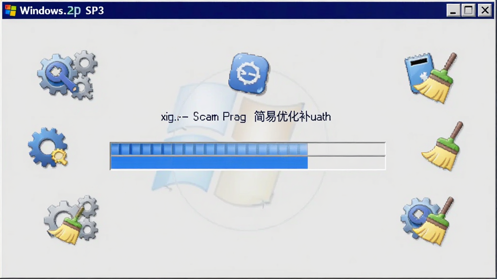 主体:Windows XP SP3 简易优化补丁运行界面,显示系统扫描进度条,周围有齿轮和清理图标,布局居中,排版简洁,风格科技感,细节:进度条为蓝色,背景为浅灰色,画质清晰,干净无多余元素