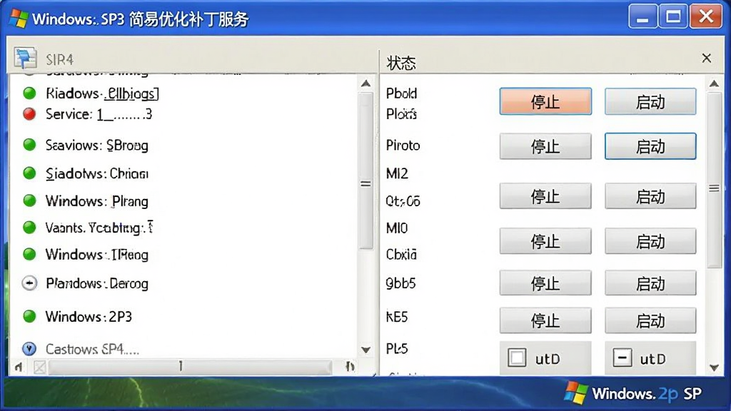主体:Windows XP SP3 简易优化补丁服务列表界面,显示服务名称、状态,有“停止”、“启动”按钮,布局为列表式,排版整齐,风格简洁,细节:服务状态用绿色和红色圆点标识,画质高清,干净无多余元素