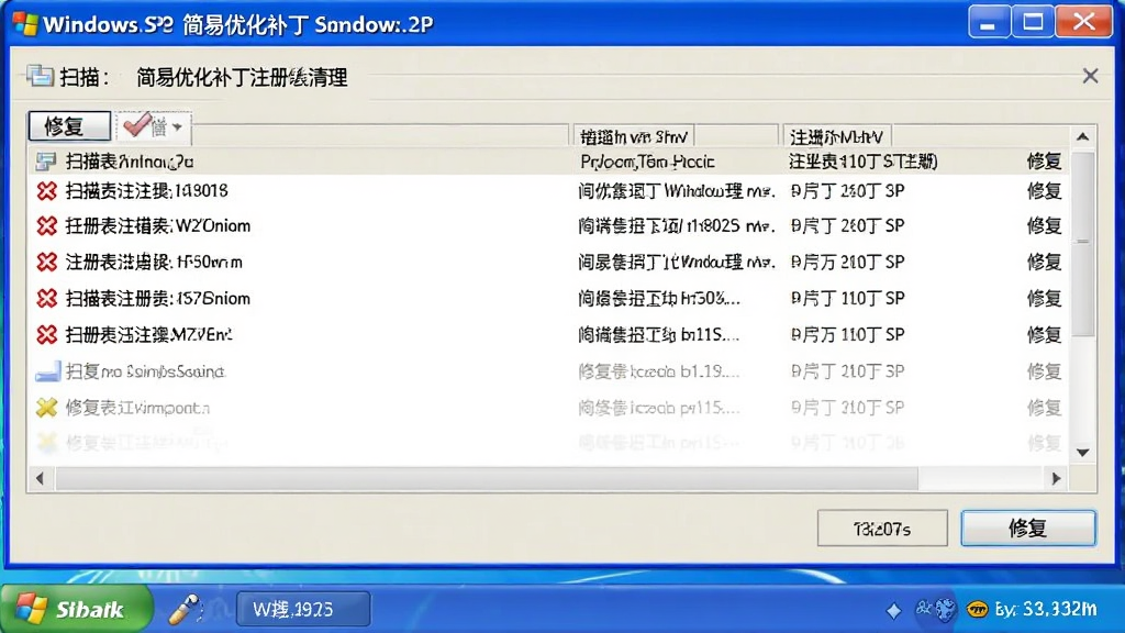 主体:Windows XP SP3 简易优化补丁注册表清理界面,显示扫描出的注册表错误项列表,有“修复”按钮,布局为列表,排版整齐,风格简洁,细节:错误项用红色叉号标识,画质高清,干净无多余元素