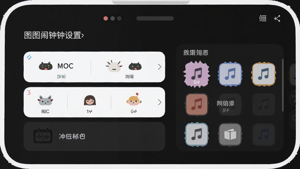图图闹钟的闹钟设置界面,展示多种响铃模式选项与音乐选择列表,界面清爽,功能标注清晰,风格扁平化,画质干净,无多余元素