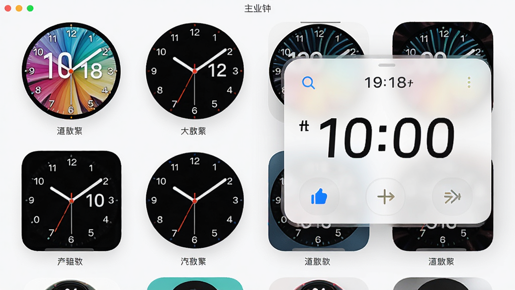图图闹钟软件主界面预览图,展示多款精美表盘皮肤与悬浮窗效果,布局清晰,风格简约现代,画质高清干净,无多余元素