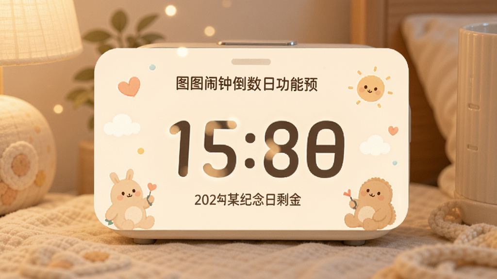 图图闹钟倒数日功能预览,展示距离某纪念日的剩余天数卡片,配有温馨背景图案,数字显示醒目,布局简洁,画质柔和干净