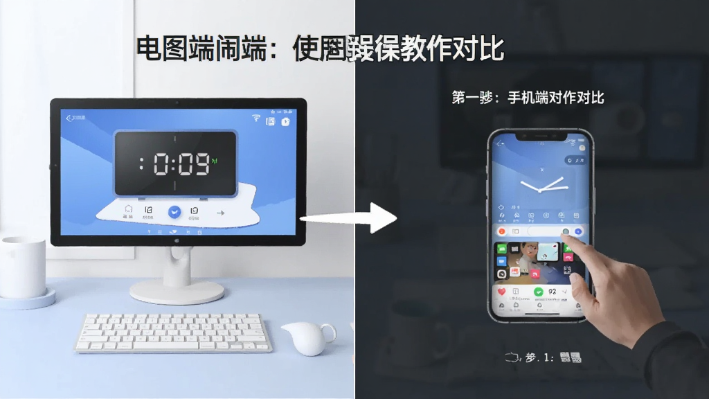 图图闹钟使用教程示意图,展示电脑端与手机端操作对比,步骤清晰,风格简洁,画质干净,无多余元素