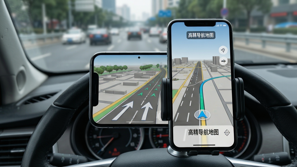 主体:智能手机固定在车内支架上,屏幕显示高精导航地图的导航界面。布局:手机与方向盘形成视觉引导线,背景为虚化的城市道路。排版:屏幕内清晰显示车道级导航指引和“高精导航地图”标识。风格:写实,具有驾驶临场感。细节:地图上车道标线分明,箭头指示明确,周边环境3D模型细腻。画质:高清,干净,无多余元素。