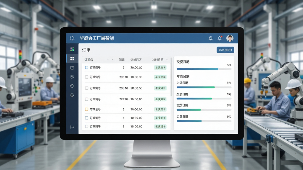 一张展示华庭会工厂端智能订单管理功能的界面截图,屏幕中央是订单列表和进度条,背景是忙碌而有序的工厂车间,布局清晰,排版整齐,风格为现代UI设计,细节包括订单编号和交货日期标签,画质干净,无多余元素