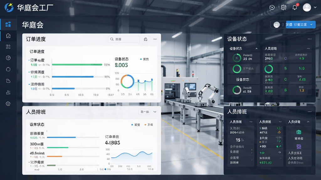 一张展示华庭会工厂端软件主界面的高清截图,背景是现代化智能车间,界面清晰显示订单进度、设备状态和人员排班等核心数据看板,布局简洁大方,风格偏向商务科技感,细节丰富,画质干净,无多余元素