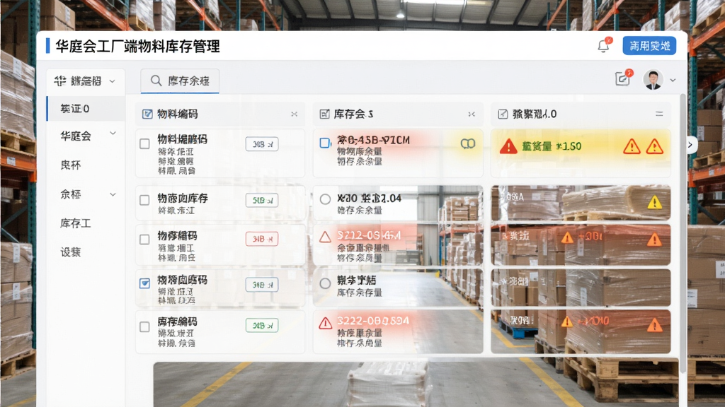 一张展示华庭会工厂端物料库存管理界面的截图,屏幕显示各类物料的库存数量和预警标识,背景是整齐堆放的原材料仓库,布局清晰,排版简洁,风格为实用型UI设计,细节包括物料编码和库存余量,画质干净,无多余元素