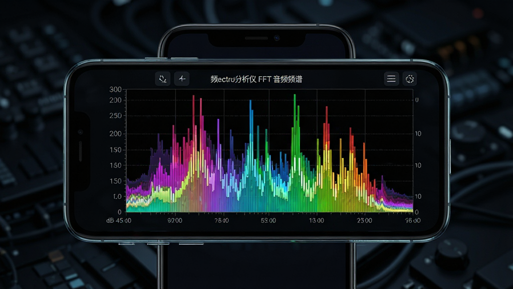 一幅高清数字渲染图,主题为“频谱分析仪 FFT 音频频谱”软件界面。主体是深色背景的手机屏幕,屏幕内显示着绚丽的彩色实时频谱图,多条不同颜色的柱状线条从左至右依次排列,高度起伏错落有致。布局:手机居中,屏幕内容清晰可见,周围是干净、模糊的深色科技感背景。排版:手机屏幕占据画面主体,频谱图细节丰富,色彩鲜艳。风格:现代、科技、专业,具有视觉冲击力。细节:频谱图上的频率刻度、dB数值等参数清晰可读,界面边缘有玻璃质感反光。画质:8K超高清,细节锐利,色彩饱满,干净无多余元素。