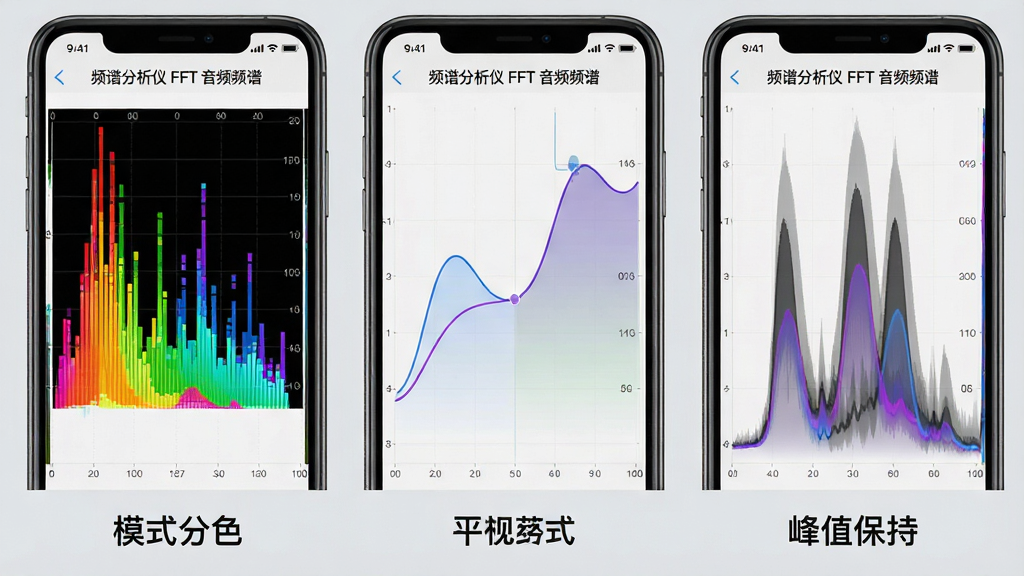 一幅手机软件多视图对比图,展示了“频谱分析仪 FFT 音频频谱”的三种不同显示模式。布局:三台手机并排,屏幕分别显示条形频谱、平滑曲线频谱和峰值保持频谱。排版:每台手机下方有简要的中文文字标签说明模式名称。风格:直观对比,信息清晰。细节:条形频谱色彩斑斓,曲线频谱线条流畅,峰值保持模式有残影效果。画质:4K清晰度,屏幕无频闪,背景为浅灰色,干净无多余元素。