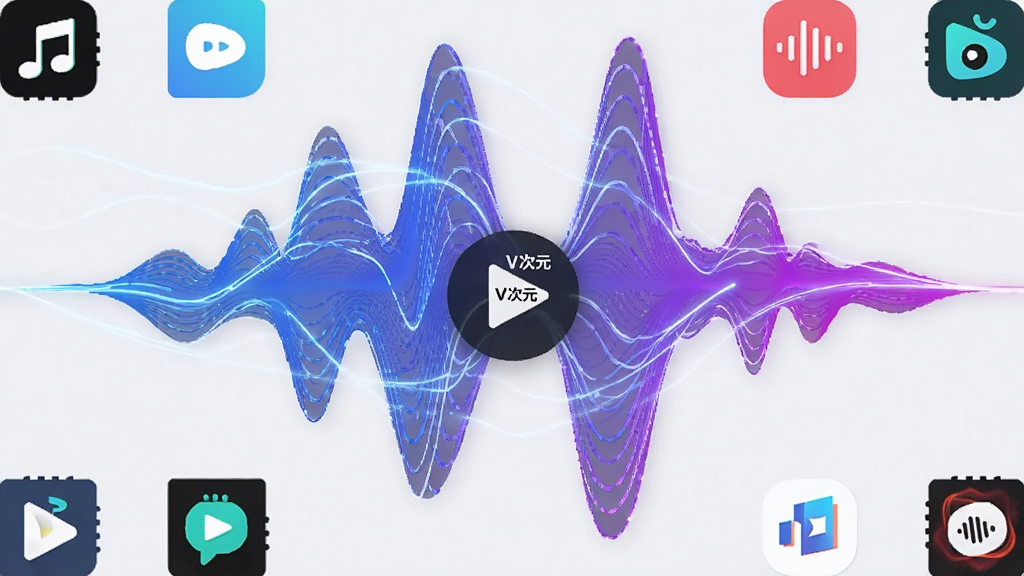 画面主体为抽象的3D立体音波图形,由蓝色与紫色渐变的光线构成,音波中心位置悬浮着一个播放按钮图标,图标上带有“V次元”的微缩字样。布局上,音波图形占据画面中央,四周环绕着各种音乐平台的简化Logo图标。排版采用对称式布局,风格为未来科技风,细节上光线有流动感,音波线条清晰,画质细腻干净,无多余元素