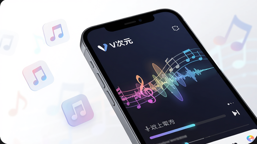 画面主体为一部智能手机屏幕特写,屏幕中清晰显示“V次元”APP的播放界面,界面风格现代简约,背景为流动的彩色音符光影。布局上,手机位于画面中央偏右,左侧留白处悬浮着几个半透明的音乐图标。排版采用对角线构图,手机屏幕内容朝向观看者。风格为科技感插画,细节上突出屏幕内波形跳动和下载进度条,画质高清干净,无多余元素