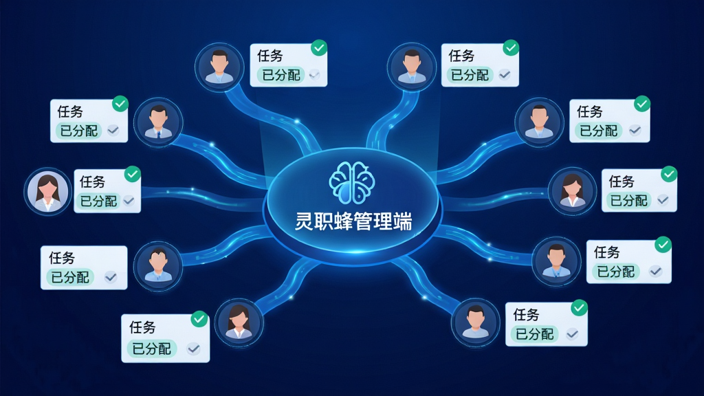画面主体为智能调度示意图,中央是发光的“灵职蜂管理端”LOGO,四周连接多个圆形头像图标,每个头像旁有任务卡片与对勾标识;布局采用辐射状结构,线条为流动的蓝色光带;风格科技感十足,背景为深蓝色渐变;细节包括任务卡上的“已分配”字样;画质清晰,干净整洁。