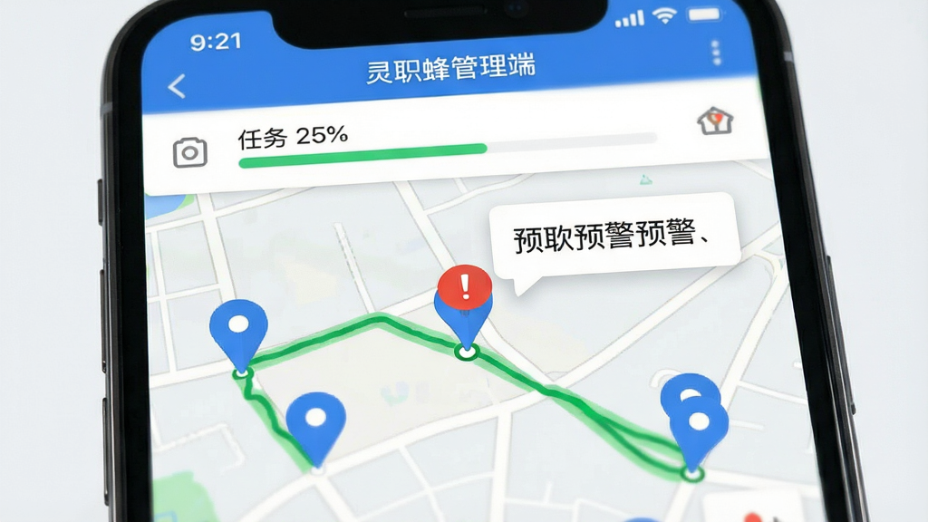 画面主体为手机地图界面,显示多个蓝色定位点与一条绿色轨迹线,其中一个定位点带有红色感叹号标志;屏幕顶部有“灵职蜂管理端”状态栏,下方为任务进度百分比;布局为上下分层,地图占主导;风格简洁清晰,背景为浅色;细节强调预警提示气泡;画质高清,无多余元素。