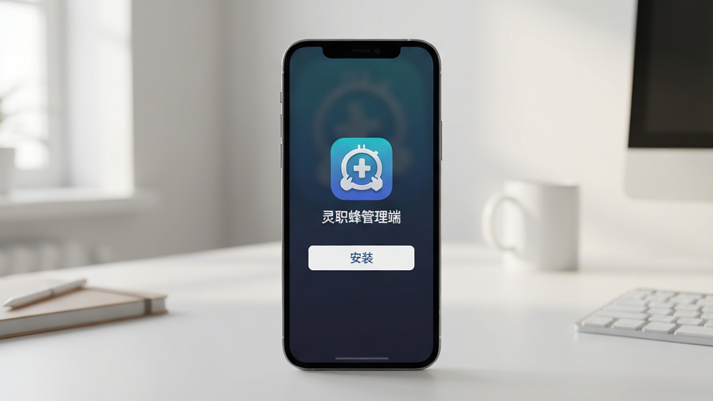 画面主体为一部手机竖屏显示安装界面,屏幕中央有“灵职蜂管理端”图标与“安装”按钮;背景为简洁的室内桌面,光线柔和;布局居中,手机屏幕细节清晰;风格写实;画质高清,干净无多余元素。