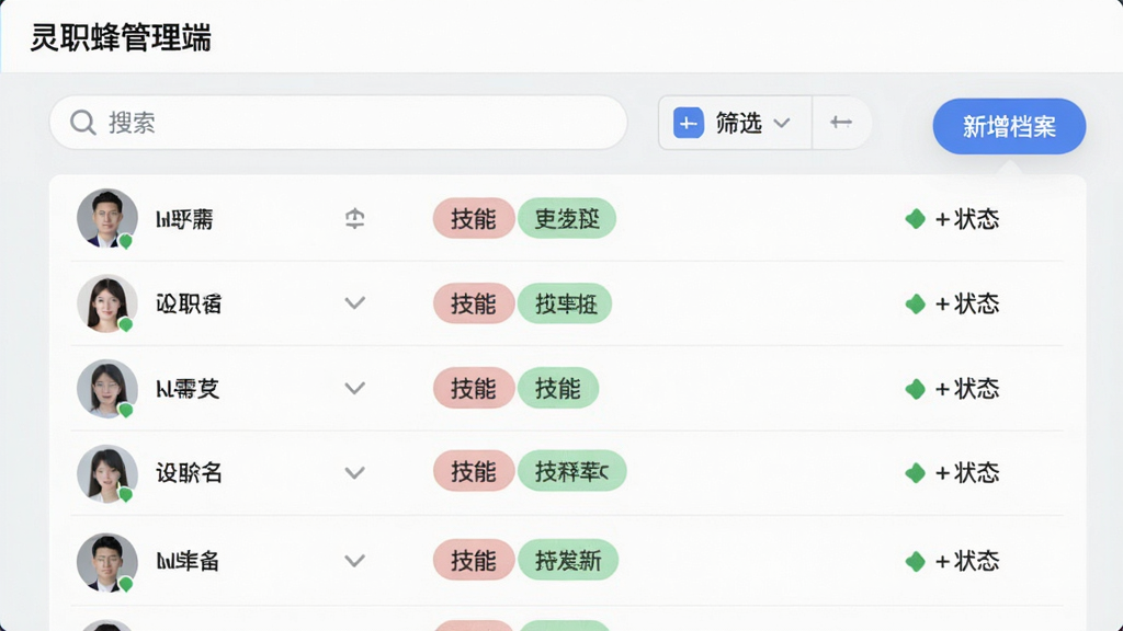 画面主体为人员档案列表界面,每行显示头像、姓名、技能标签与状态;顶部为搜索栏与筛选按钮,右侧有“新增档案”悬浮按钮;布局为列表式,行间距均匀;风格清爽简约,背景浅灰;细节强调“灵职蜂管理端”页头;画质清晰,无多余元素。