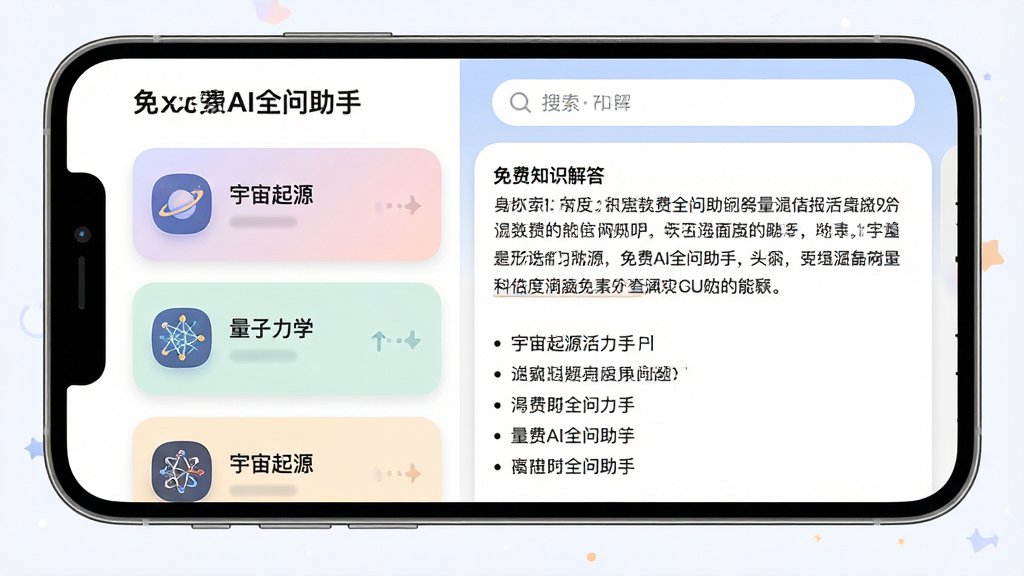 主体:“免费AI全问助手”APP的知识问答界面,显示“宇宙起源”“量子力学”等问题卡片;布局:手机横屏展示,左侧是问题列表,右侧是详细解答区域;排版:解答区域有段落和要点列表,顶部有搜索栏;风格:教育风格,柔和色彩,卡片圆润;细节:每张卡片有图标,解答文字清晰可读;画质:高清晰度,干净,无多余元素。