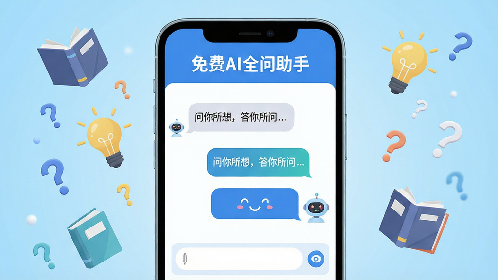 主体:一部智能手机屏幕显示“免费AI全问助手”的对话界面,界面中有气泡对话和机器人图标;布局:手机居中,背景为浅蓝色渐变,周围有漂浮的书籍、灯泡、问号等元素;排版:手机屏幕内容清晰可见,上方显示“免费AI全问助手”字样,下方有输入框;风格:现代科技感,扁平化设计,色彩明亮;细节:屏幕中展示“问你所想,答你所问”标语,图标有微笑表情;画质:高清渲染,干净,无多余元素。