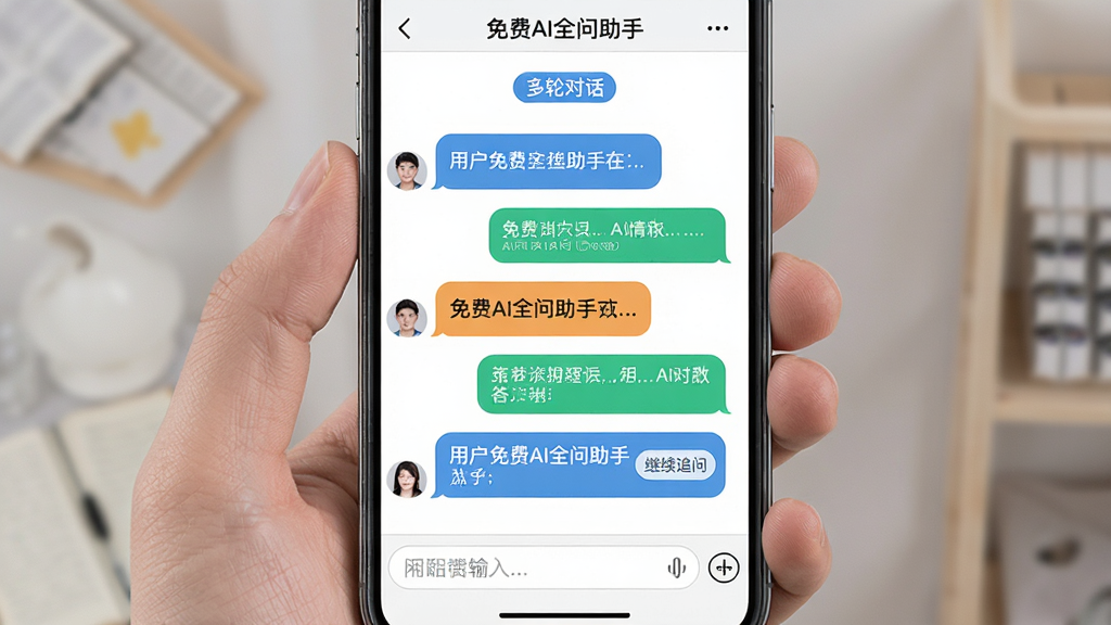 主体:“免费AI全问助手”多轮对话界面,展示用户连续提问与AI逐步回答的对话列表;布局:手机竖屏,对话气泡交替排列,顶部有“多轮对话”标签;排版:气泡有不同颜色区分,输入框在底部;风格:聊天软件风格,简洁明快;细节:最后一条回答带有“继续追问”的快捷按钮;画质:清晰,干净,无多余元素。