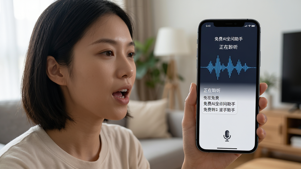主体:用户对着手机说话,手机屏幕显示“免费AI全问助手”语音波形动画;布局:人物在左侧,手机在右侧,背景为客厅场景;排版:手机屏幕上有“正在聆听”字样,下方有转写文字;风格:生活化场景,自然光;细节:人物嘴部微张,手机有麦克风图标;画质:真实照片风格,干净,无多余元素。