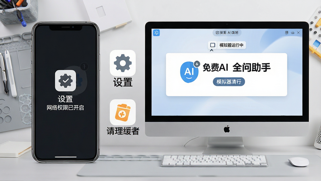 主体:手机和电脑并排显示“免费AI全问助手”界面,旁边有设置齿轮和清理缓存图标;布局:手机左、电脑右,背景为浅灰色工作台;排版:屏幕上有“设置”、“缓存清理”字样;风格:实用教程风格,图标清晰;细节:手机屏幕显示“网络权限已开启”,电脑屏幕显示“模拟器运行中”;画质:高清,干净,无多余元素。