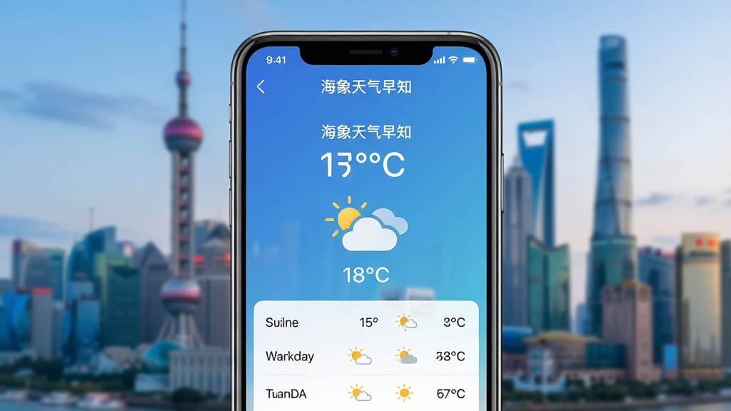 一幅展示智能手机屏幕的图片,屏幕上清晰显示“海象天气早知”应用界面,界面以蓝色渐变为主色调,中央显示当前温度、天气图标(如太阳或云朵),下方展示未来几天的天气预报列表,背景为模糊的城市天际线,整体风格简洁现代,画质高清,无多余元素