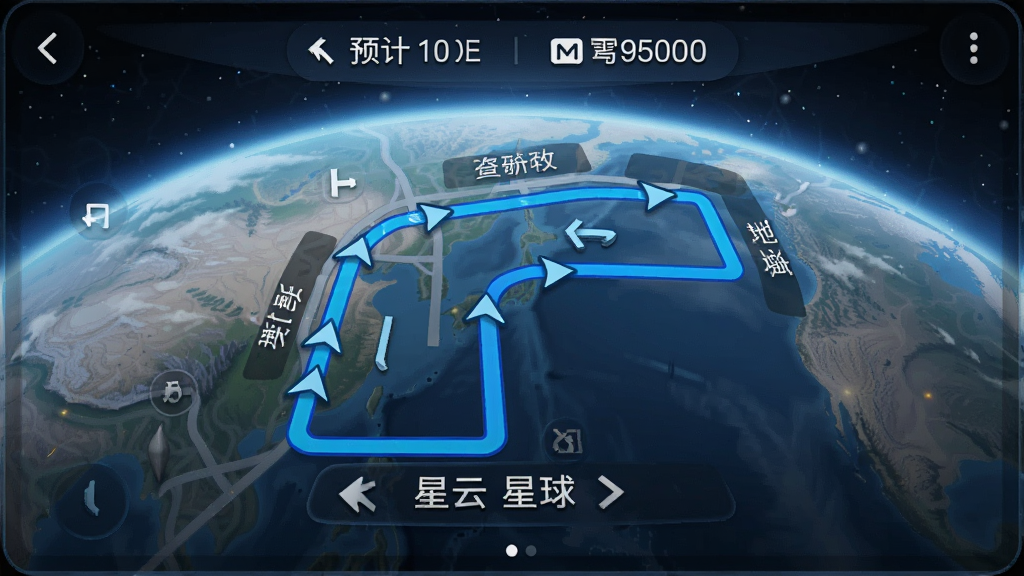 星云地球导航界面,屏幕中央显示规划好的路线,用蓝色线条标注,周围有道路名称与转向箭头提示,顶部有预计时间与距离信息,界面风格清晰明亮,画质细腻,无多余元素