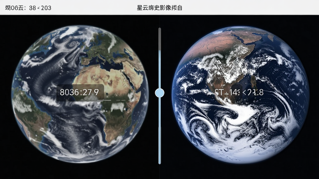 星云地球历史影像对比界面,左右分屏显示同一地点的过去与现在卫星图,中间有滑动分割线,左侧标注年份,界面简洁清晰,画质细腻,无多余元素