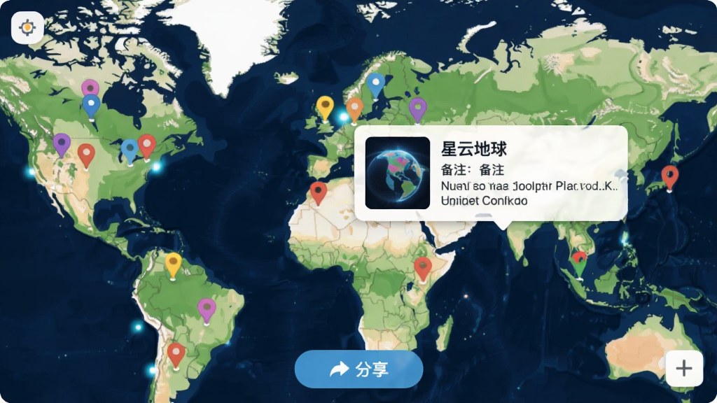 星云地球自定义标注界面,地图上显示多个彩色图钉标记,其中一个弹窗展示名称与备注信息,底部有分享按钮,界面友好且色彩明快,画质干净,无多余元素
