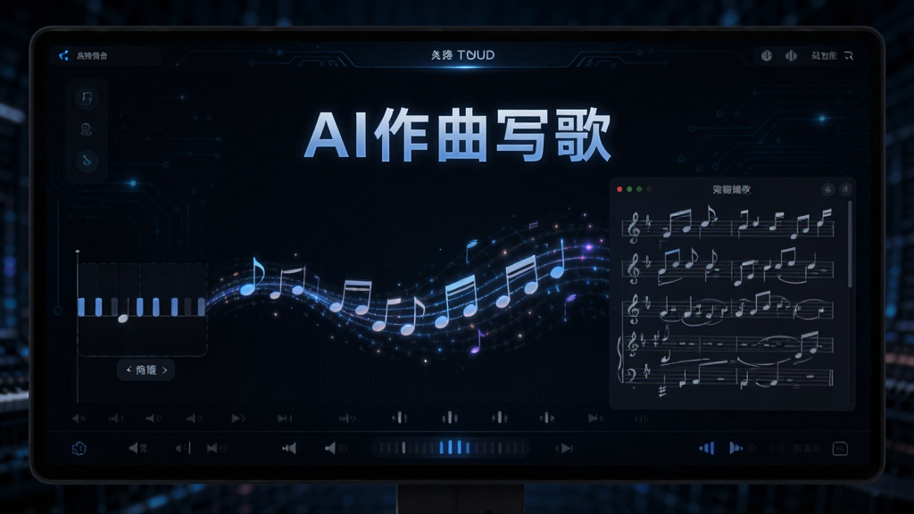 展示AI作曲写歌智能旋律生成功能的界面,显示一段旋律从简短的音符输入到完整乐谱的演变过程,屏幕上出现音符流动的动画效果,背景为深色科技感界面,中间有“AI作曲写歌”字样,整体风格专业且富有动感,画质细腻清晰