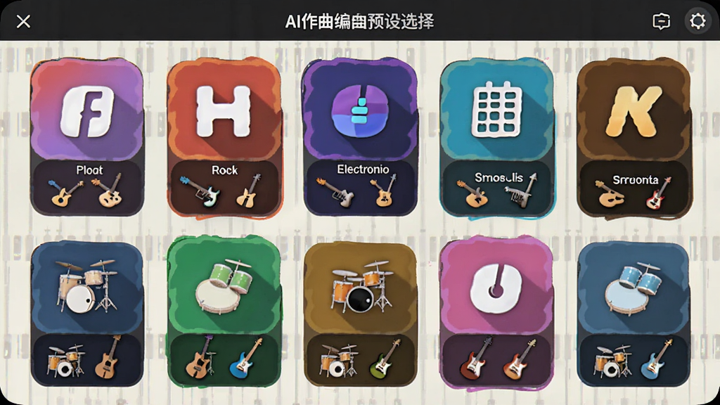 展示AI作曲写歌的多风格编曲预设选择界面,屏幕上排列着各种风格图标,如流行、摇滚、电子等,每个图标下方有乐器缩略图,界面色彩鲜艳,风格活泼,画质清晰,无多余元素